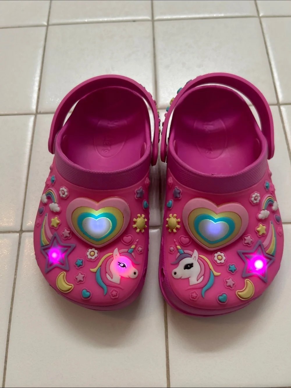 Skechers Bright Pink Kids Unicorn Clog Sandals with Rainbow Hearts - light up